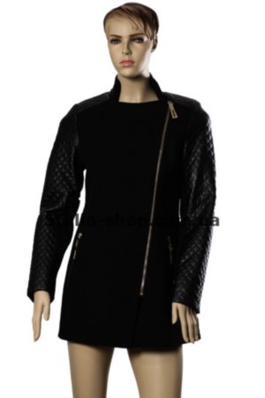 Пальто черное Emass комбинированное Пальто женское из кашемира комбинированное с кожзамом на рукавах
