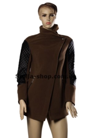 Пальто коричневое Emass комбинированное Пальто женское из кашемира комбинированное с кожзамом на рукавах