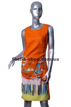 Платье лен оранжевый с принтом Оранжевое льняное платье с рисунком принтом