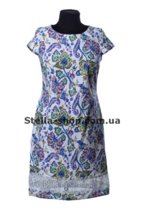 Платье лен большие размеры, цветок Приталенное платье больших размеров 52-54, со вставкой из гипюра снизу