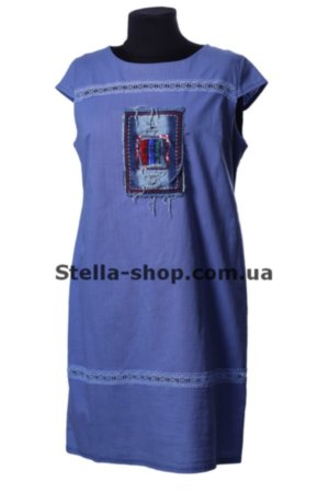 Платье лен большие размеры, синий Однотонное приталенное платье больших размеров 52-64 синего