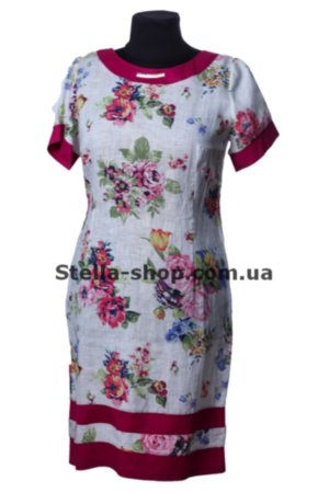 Платье лен большие размеры, натуральный с розами Льняное платье больших размеров белого цвета с рисунком роз
