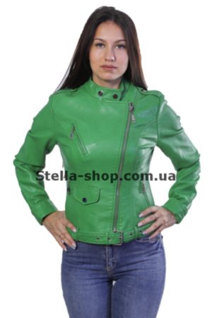 Куртка кожзам осенняя. Косуха. Зеленая. Holdluck 961 Куртка кожзам зеленого цвета с поясом. Косуха. Длина средняя (по пояс).