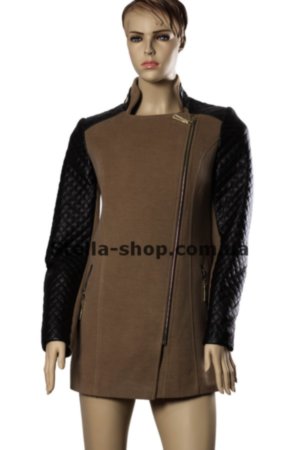 Пальто бежевое Emass комбинированное Пальто женское из кашемира комбинированное с кожзамом на рукавах