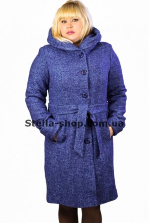 Зимнее пальто ярко-синее. Буклированное. 16-96 Зимнее пальто буклированное с капюшоном и поясом.
