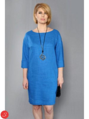 Льняное платье синий. Love Vita. Лодочка Платье из льна однотонное с длинным рукавом