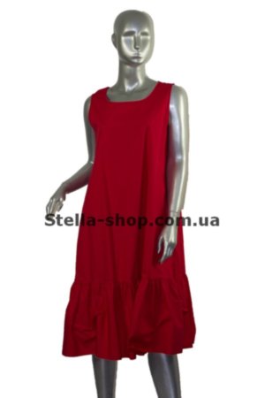 Платье красное удлиненное, волан снизу