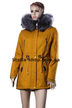 Зимняя парка с серым мехом, горчица. Holdluck Зимняя женская куртка парка горчичного цвета с серым мехом. Длина  средняя. Мех - искусственный. 