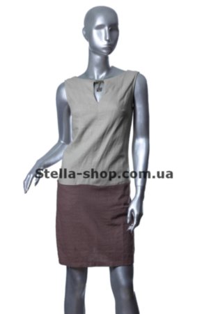 Платье лен комбинированное натуральный Льняное платье серого цвета и коричневого, с карманами
